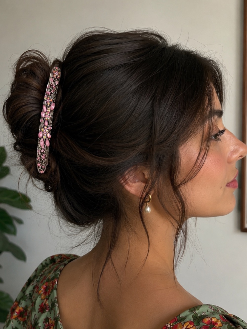 Vintage Pink Jeweled Floral Hair Barrette - Women Accessories